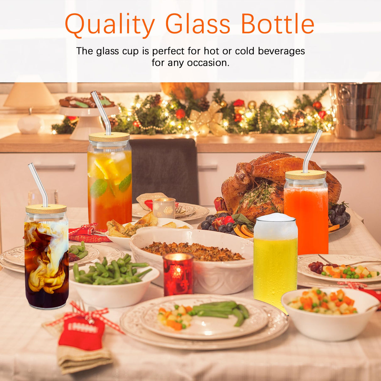 PeacePeo Glass Cups with Lids and Straws 20Pcs 16oz Ice Coffee Cup Skinny and Long Can Beer Cups Glass Set Drinking Glasses with Bamboo Lids Reusable PeacePeo