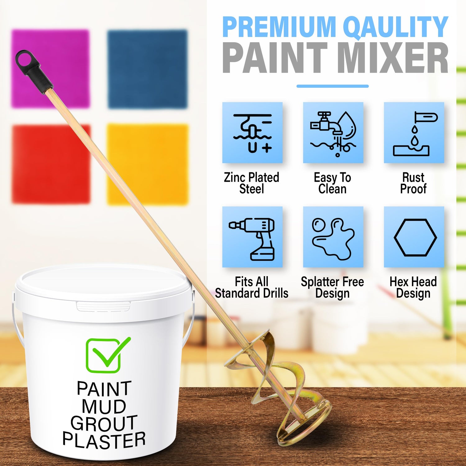 AYZOTEK Paint Mixer for Drill, 1-5 Gallon Bucket, Paint Stirrer for Drill, Zinc Plated, Rust-Free & Easy to Clean, Fits All Standard Drills - For AYZOTEK
