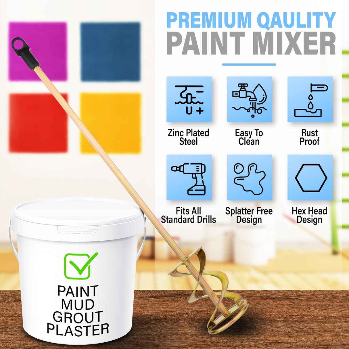 AYZOTEK Paint Mixer for Drill, 1-5 Gallon Bucket, Paint Stirrer for Drill, Zinc Plated, Rust-Free & Easy to Clean, Fits All Standard Drills - For AYZOTEK
