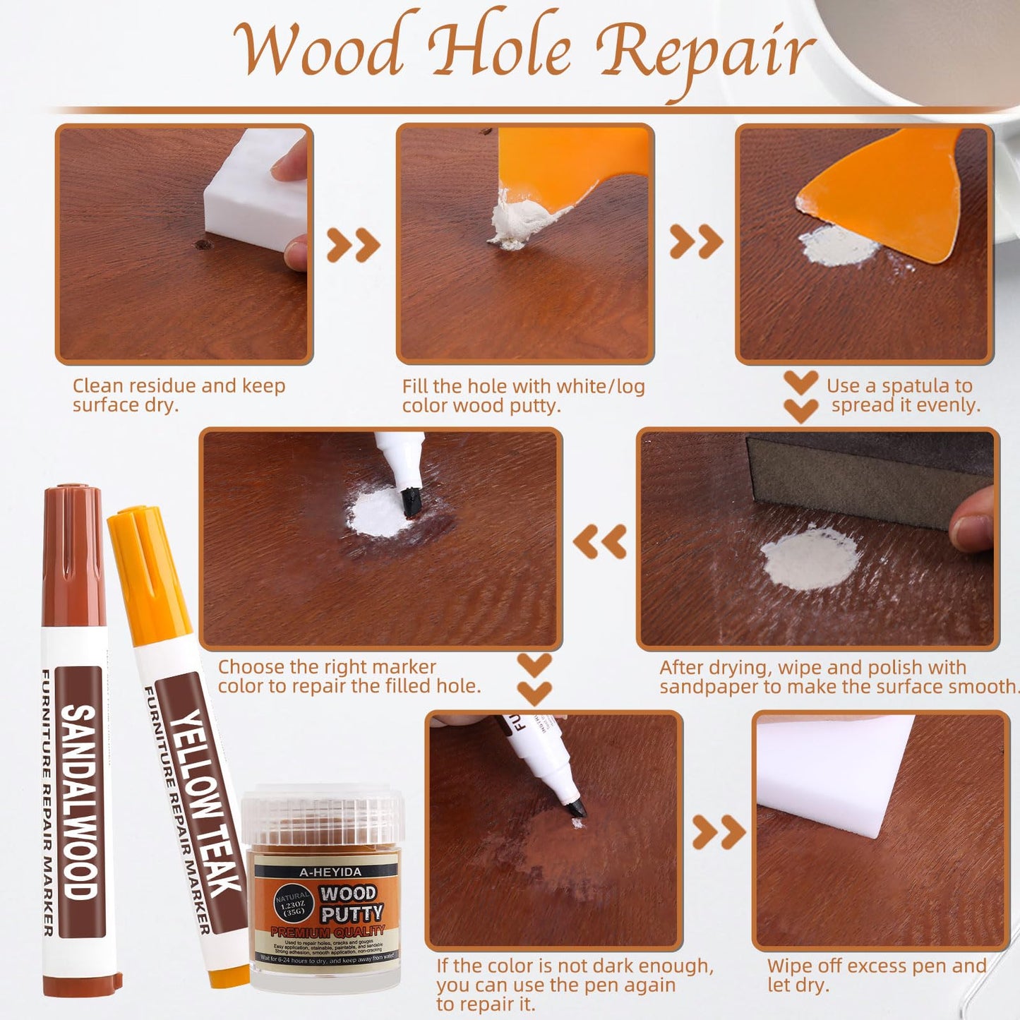 Furniture Touch Up Markers - 12 Color Wood Repair Kit Wood Marker Pens with Wood Putty Filler and Beeswax, Hardwood Floor Furniture Scratch Repair