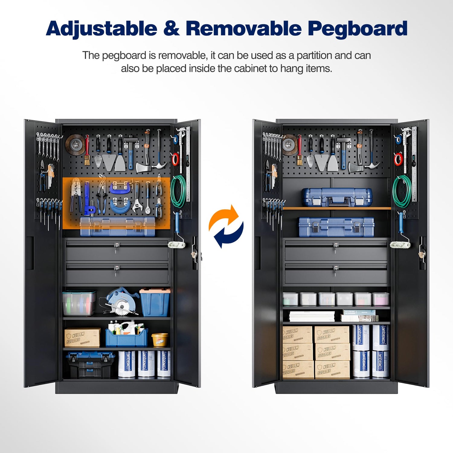 Yizosh Metal Garage Storage Cabinet with Locking Doors and Drawers, Heavy Duty Steel Tool Cabinet with Pegboard, 71" - Lockable Cabinets for Garage, Yizosh