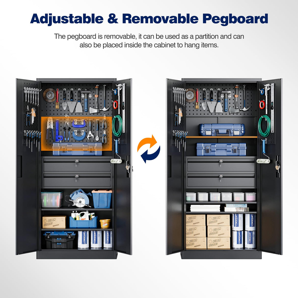 Yizosh Metal Garage Storage Cabinet with Locking Doors and Drawers, Heavy Duty Steel Tool Cabinet with Pegboard, 71" - Lockable Cabinets for Garage, Yizosh