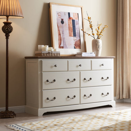 T4TREAM 7 Drawers Dresser Chests for Bedroom, Wood Rustic Tall Chset of Drawers,Dressers Organizer for Bedroom, Living Room,Hallway, Antique White T4TREAM