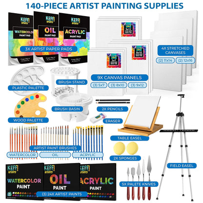 KEFF Large Deluxe Art Painting Supplies Set - 140-Piece Professional Paint Kit for Adults & Kids with Acrylic, Watercolor & Oil Paints, Aluminum