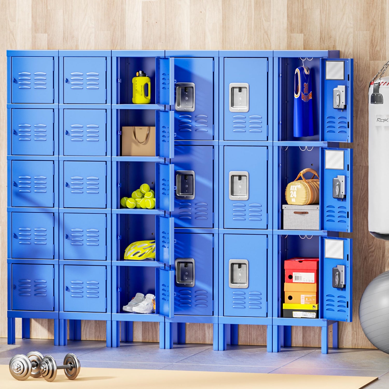 INTERGREAT Metal Lockers for Employees, 3 Door Storage Locker, Tall Steel Locker Cabinet for School, Office, Home, Gym, Kid Room, with Mirror (Blue, INTERGREAT