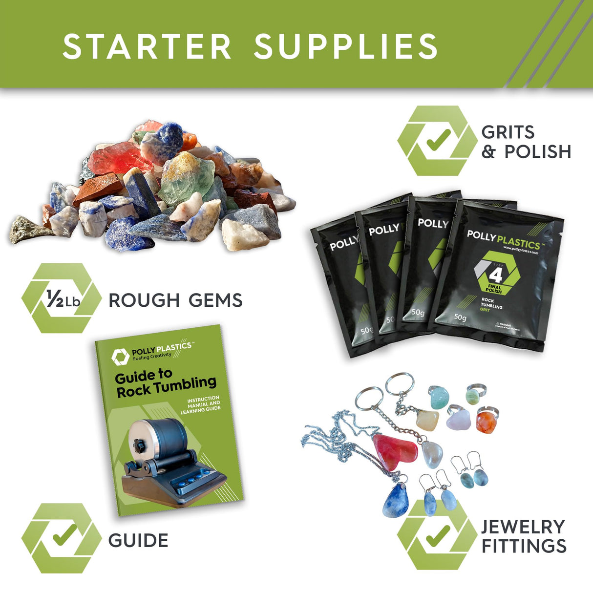 Polly Plastics Rock Polishing Kit with Rock Tumbler, Rough Gemstones, Professional Polishing Grits, and Guide to Rock Tumbling | Complete Hobby Polly Plastics