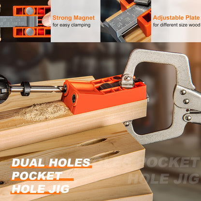 Pocket Hole Jig System Kit, Pocket Screw Jig with 11 Inch Clamp, Square Driver Bit, Hex Wrench, Depth Stop Collar, Step Drill Bit, Coarse Square - WoodArtSupply