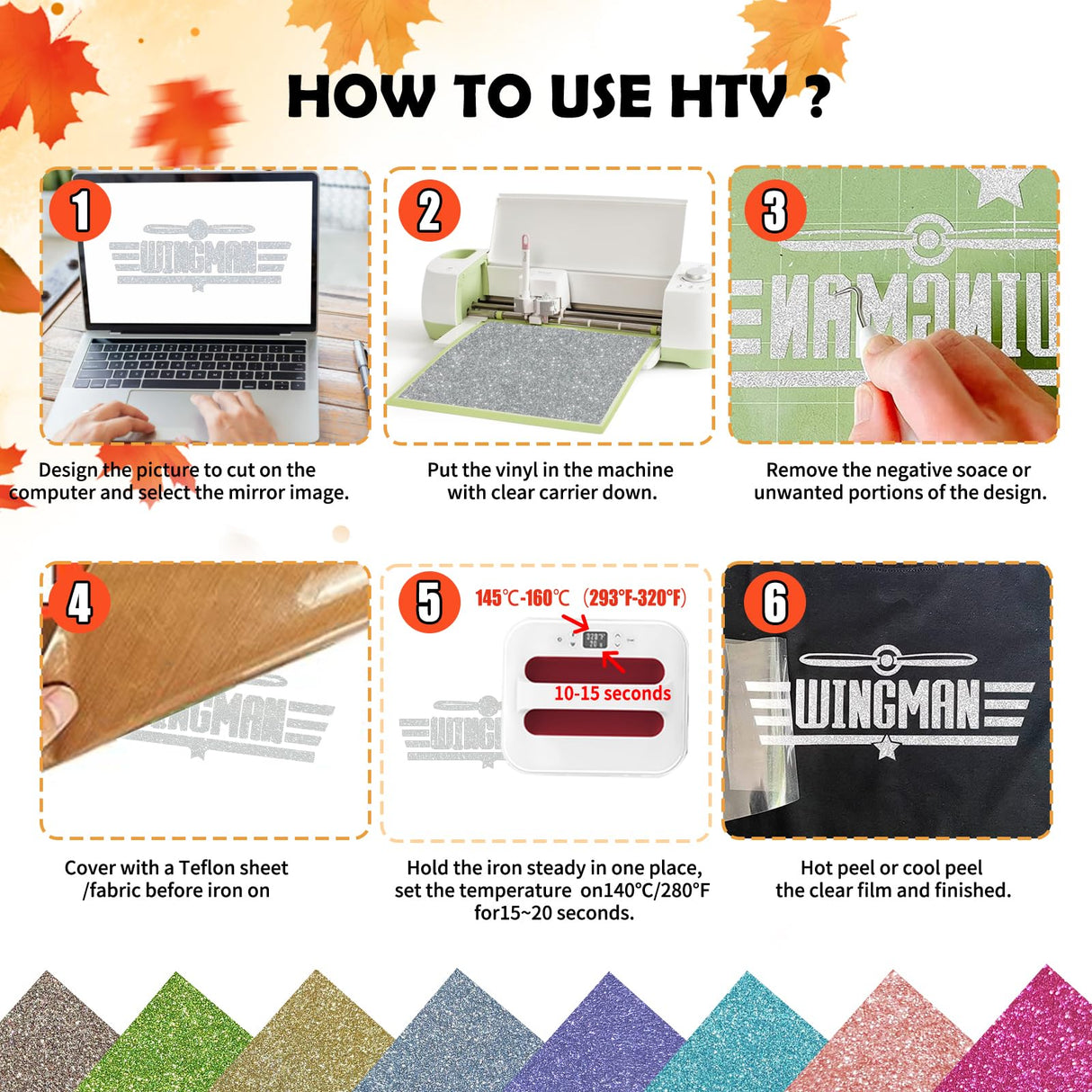 Glitter Puff Vinyl Heat Transfer 3D - Puff HTV Vinyl 8 Sheets 12"x 10" Glitter Heat Transfer Vinyl for T-Shirt Clothes Compatible with Cricut Air or AXLORP