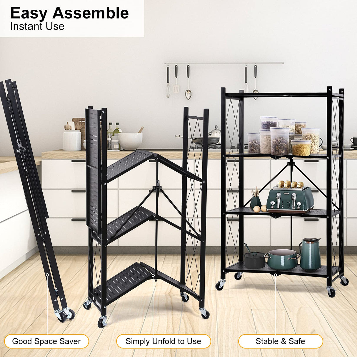 YSSOA 4-Tier Heavy Duty Foldable Metal Rack Storage Shelving Unit with Wheels Moving Easily Organizer Shelves Great for Garage Kitchen, Black YSSOA