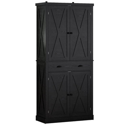 IRONCK Kitchen Pantry 72" Height,Storage Cabinet with Drawer, 4 Adjustable Shelves, Barn Doors, Freestanding Cupboard, Black