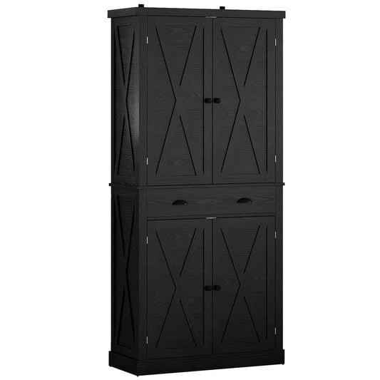 IRONCK Kitchen Pantry 72" Height,Storage Cabinet with Drawer, 4 Adjustable Shelves, Barn Doors, Freestanding Cupboard, Black - WoodArtSupply