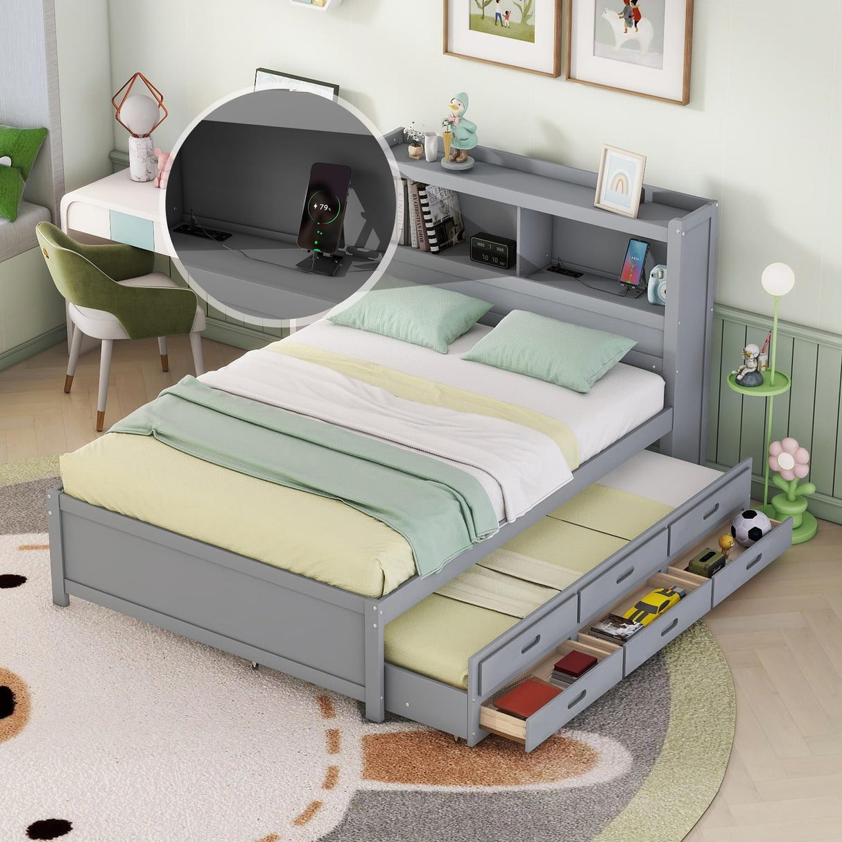 Harper & Bright Designs Grey Full Size Bed with Trundle, Bookcase Headboard, and USB Charging Station Harper & Bright Designs