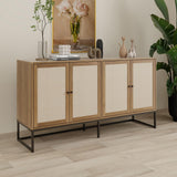 QEIUZON Modern Sideboard Cabinet, Accent Storage Cabinet with Rattan Doors and Adjustable Shelves, Freestanding Sideboard Storage Cabinet for Kitchen QEIUZON