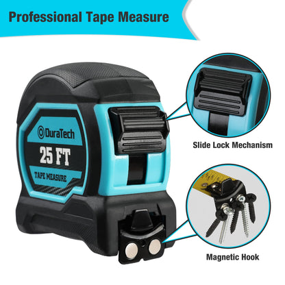 DURATECH Magnetic Tape Measure 25FT with Fractions 1/8, Retractable Measuring Tape, Easy to Read Both Side Measurement Tape, Magnetic Hook and Shock - WoodArtSupply