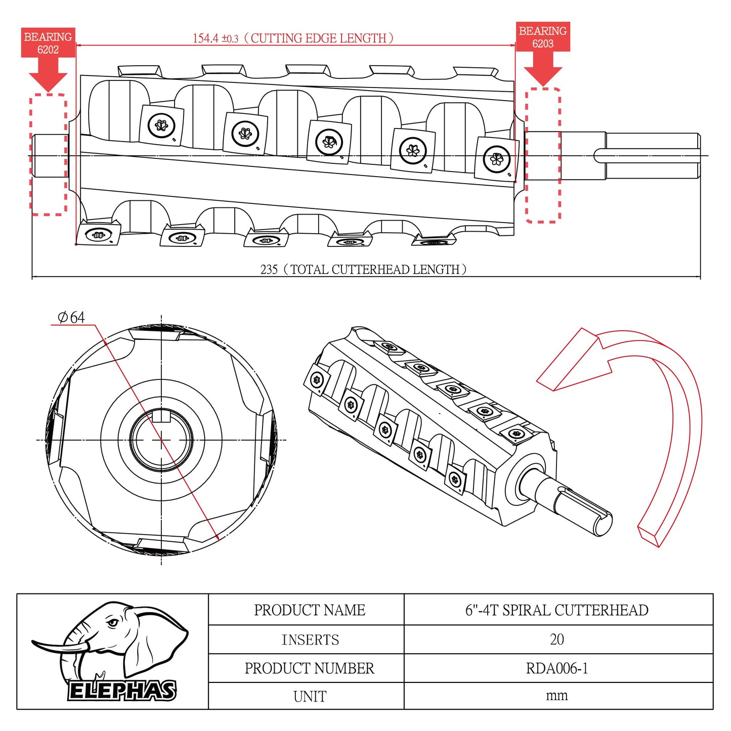 ELEPHAS - 6" Woodworking Tool Spiral Cutter head and Helical cutterhead for jointer, 4 rows 20 inserts - WoodArtSupply