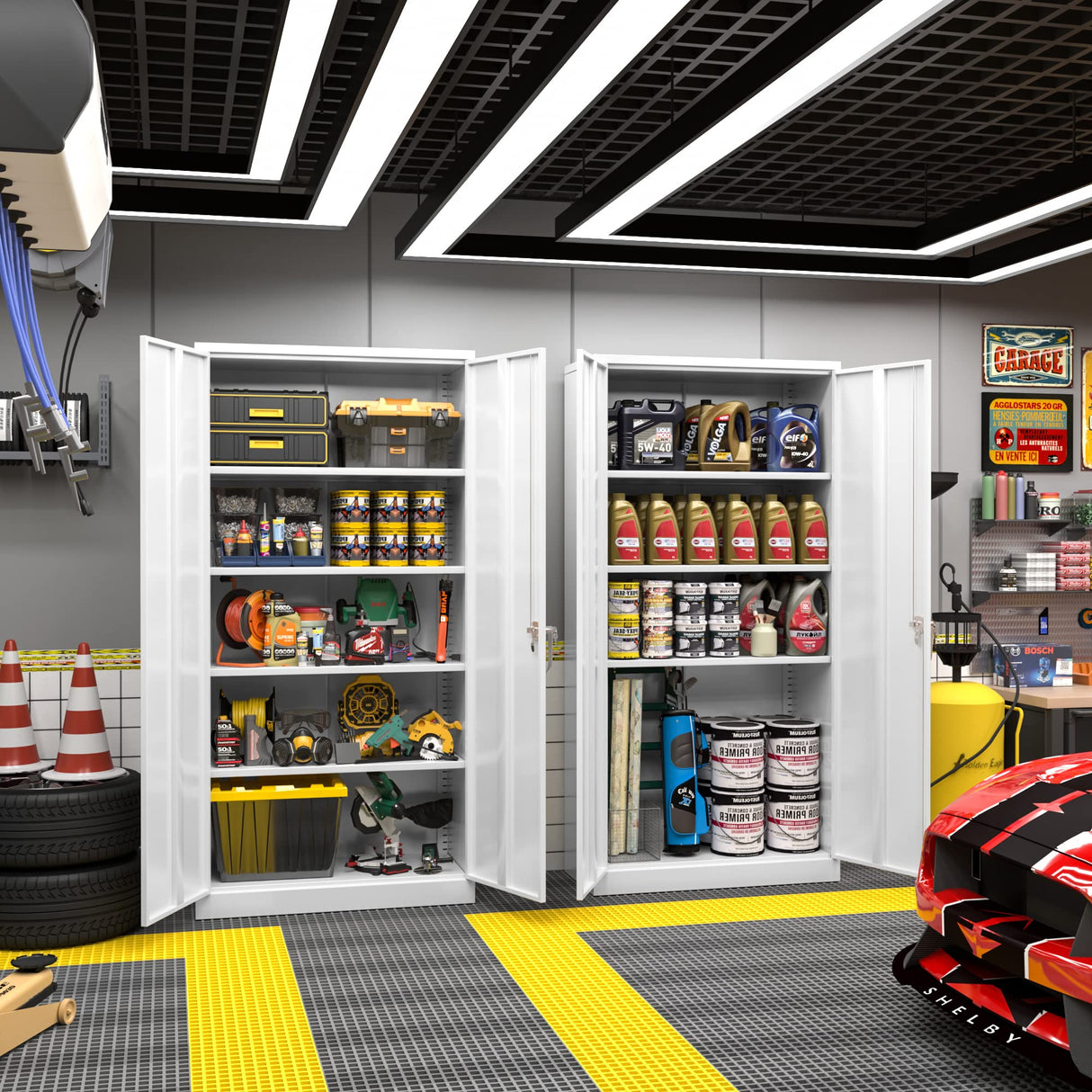 Greenvelly White Metal Storage Cabinet for Garage, 72” Steel Locking Cabinet with Doors and 4 Shelves, Tall Tool Cabinets for Garage Storage Systems Greenvelly