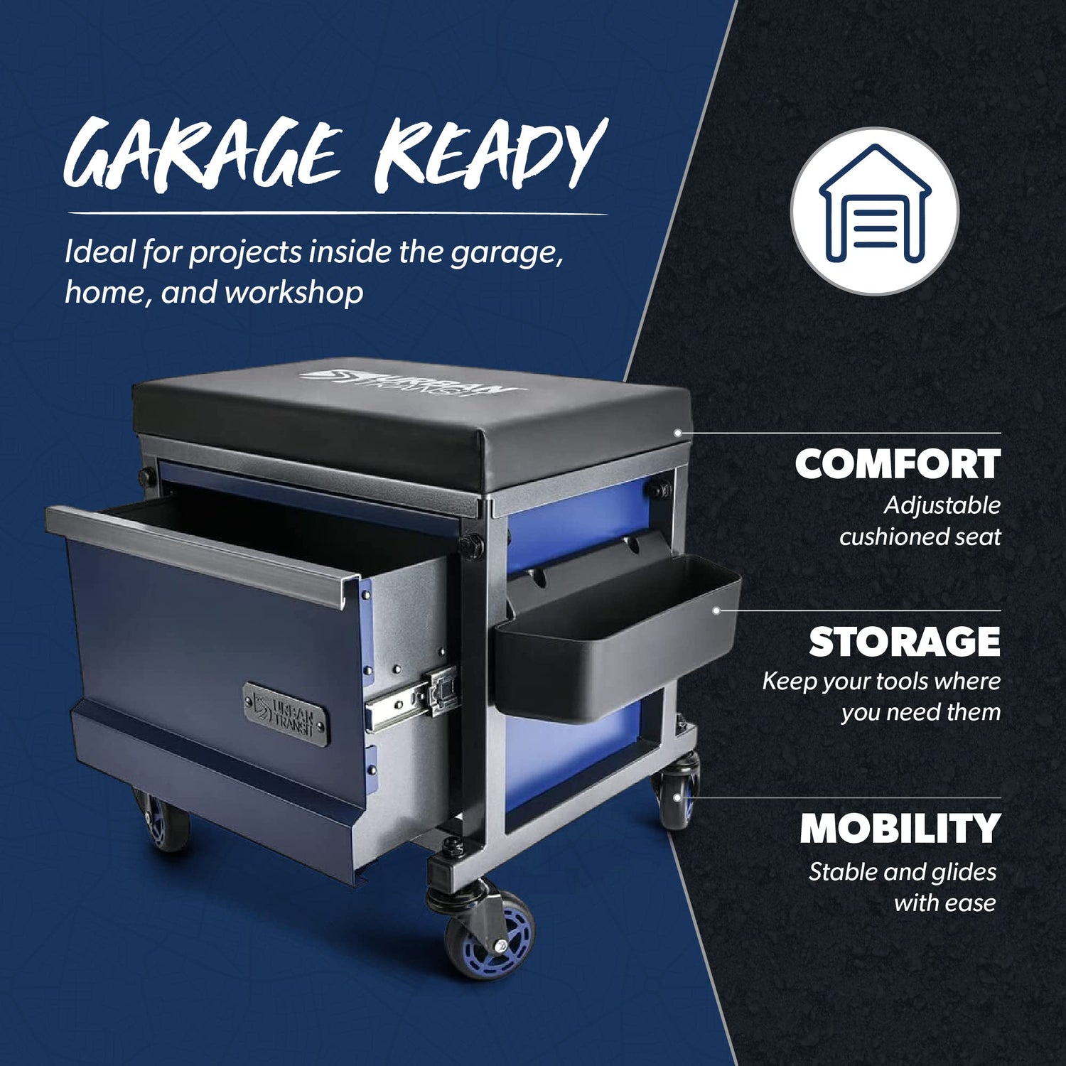 URBANTRANSIT Sidekick Heavy Duty Shop Stool - 500 Lb Capacity Rolling Stool for the Garage and Workshop with Toolbox Storage and 360 Degree Swivel URBANTRANSIT