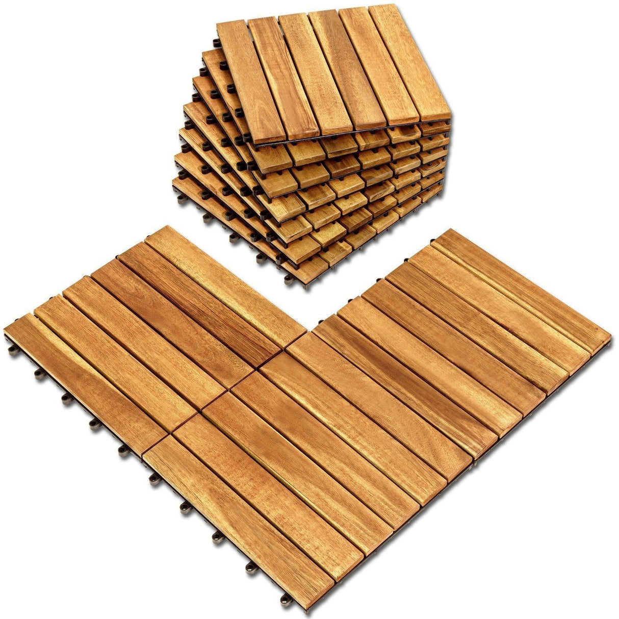 Interlocking Deck Tile (Pack of 10, 12"x12") Acacia Hardwood Deck Tile, Interlocking Patio Tile in Solid Acacia Wooden Oiled Finish Waterproof all RAKYTO