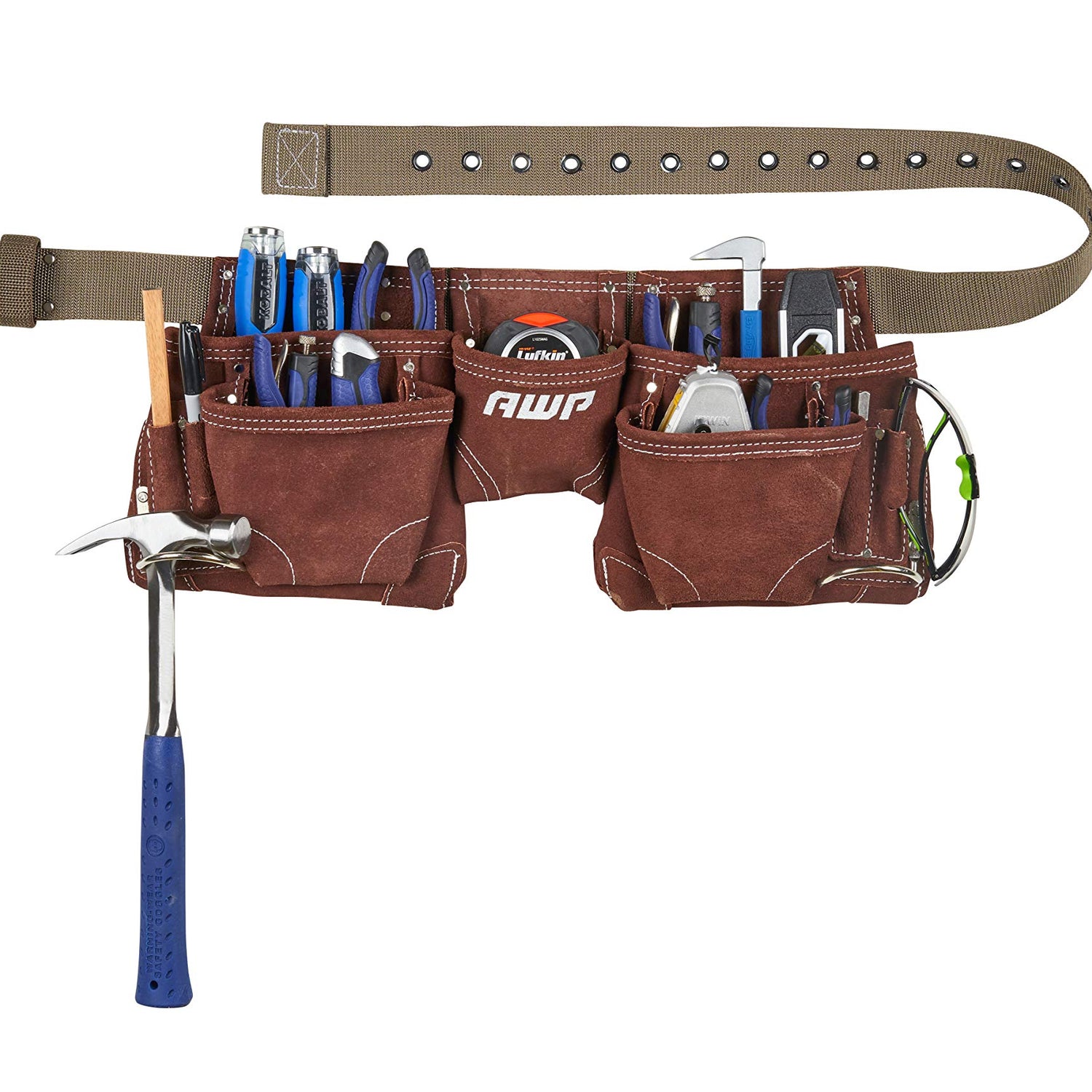 AWP Suede Leather General Construction Tool Pouch Apron | 11-Pocket Tool Organization Work Belt | Brown | Fits Up to 50" Waist Size AWP