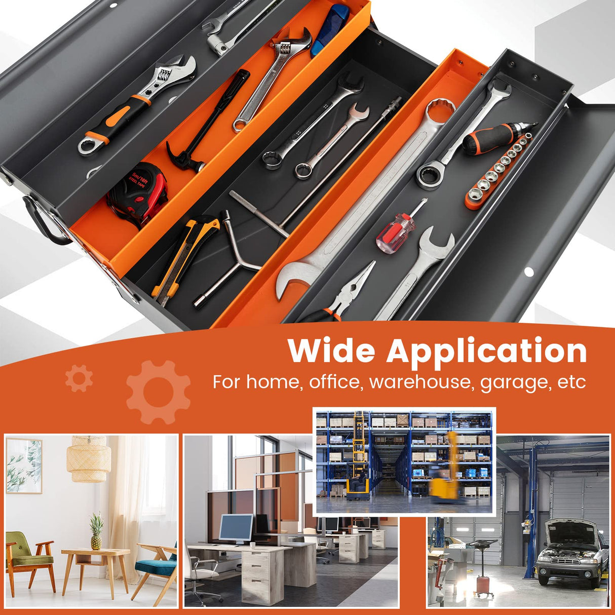 S AFSTAR 22 Inches Tool Box, 3-Layer 5-Tray Metal Toolbox w/Full-Length Handles & Lock Hole Design, Portable Storage Toolbox, Folding Tool Organizer S AFSTAR