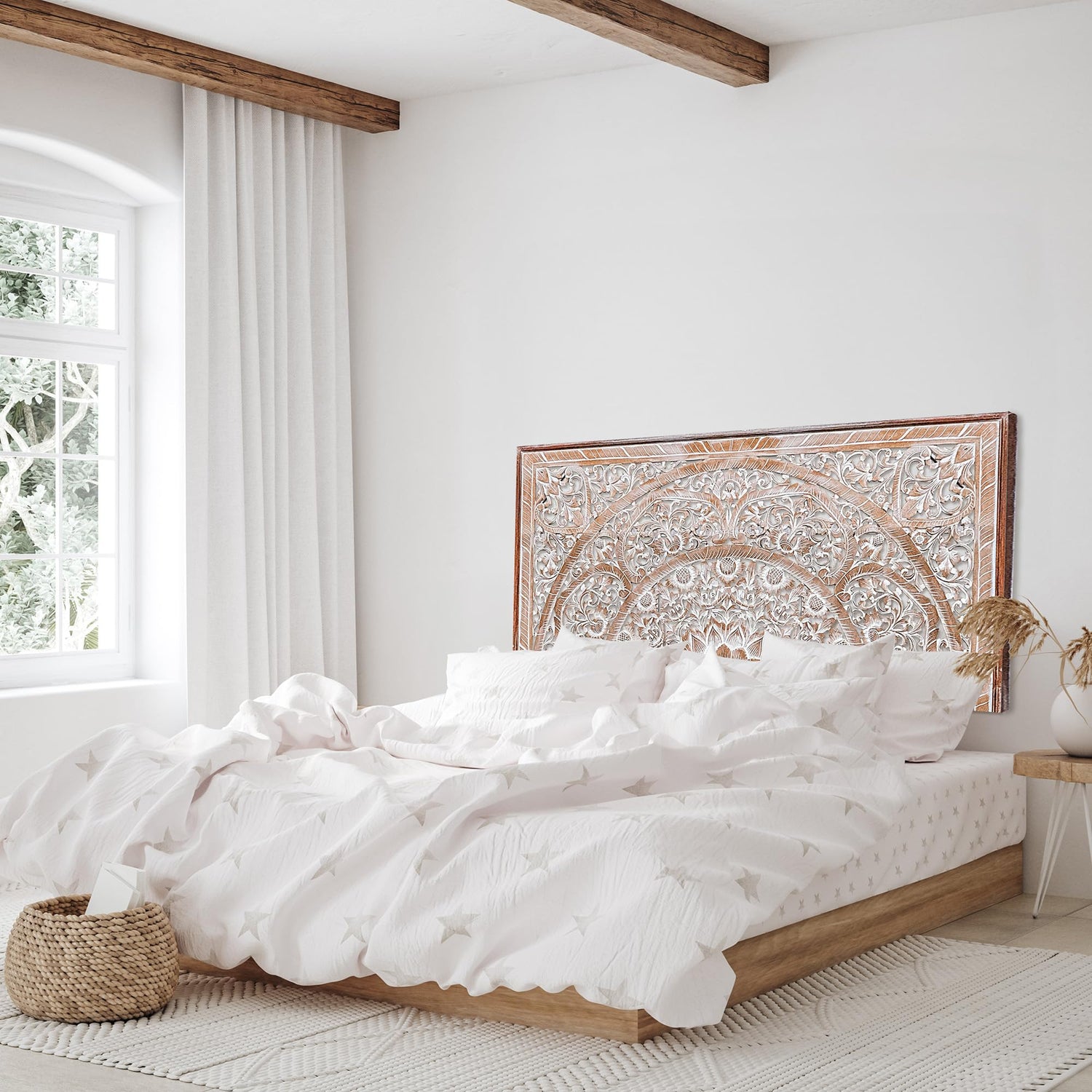 King Wood Headboard White Wash | Carved Full Headboard Only | Wooden Headboard Full Size Bed | Wall Mount Headboard King | Full Bed Headboard Panels KultureDeco