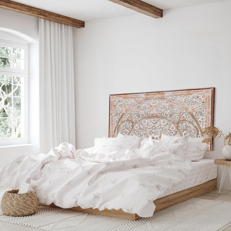 King Wood Headboard White Wash | Carved Full Headboard Only | Wooden Headboard Full Size Bed | Wall Mount Headboard King | Full Bed Headboard Panels KultureDeco