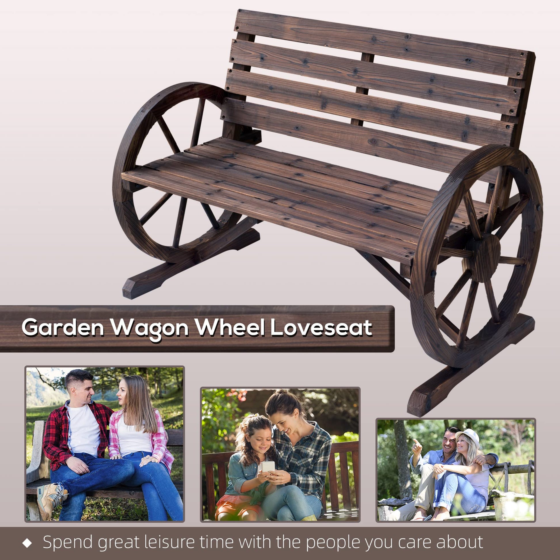 Outsunny Rustic Wagon Wheel Armrest Bench for Outdoor Patio - Brown 2-Person Seating - WoodArtSupply