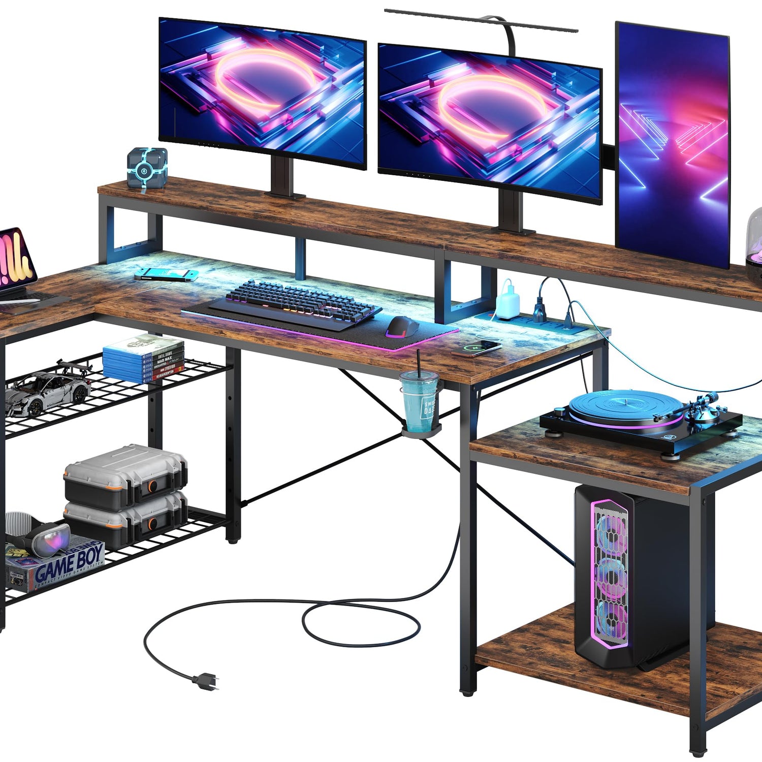 Bestier 71.5 inch Computer Desk with Power Outlets, L Shaped LED Home Office Desk with Long Monitor Stand, Large Corner Desk with Storage Shelf, Cup Bestier