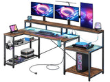 Bestier 71.5 inch Computer Desk with Power Outlets, L Shaped LED Home Office Desk with Long Monitor Stand, Large Corner Desk with Storage Shelf, Cup Bestier
