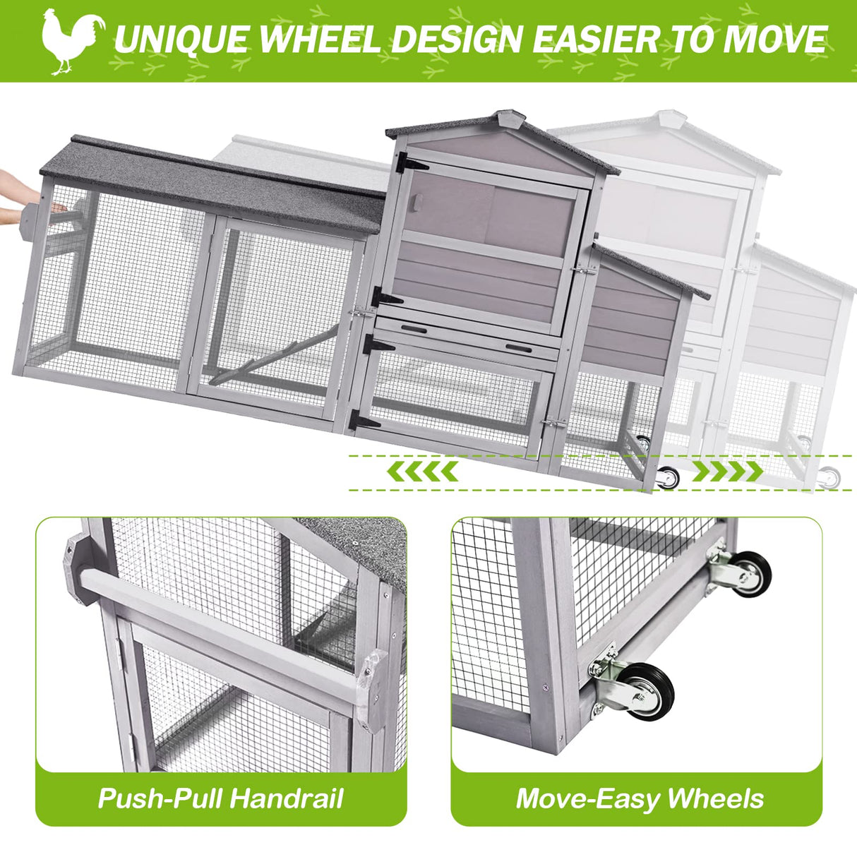 Chicken Coop 80in Mobile Chicken House with Run Portable Wooden Poultry Cage with Nesting Box Rabbit Hutch on Wheels,Movable GUTINNEEN