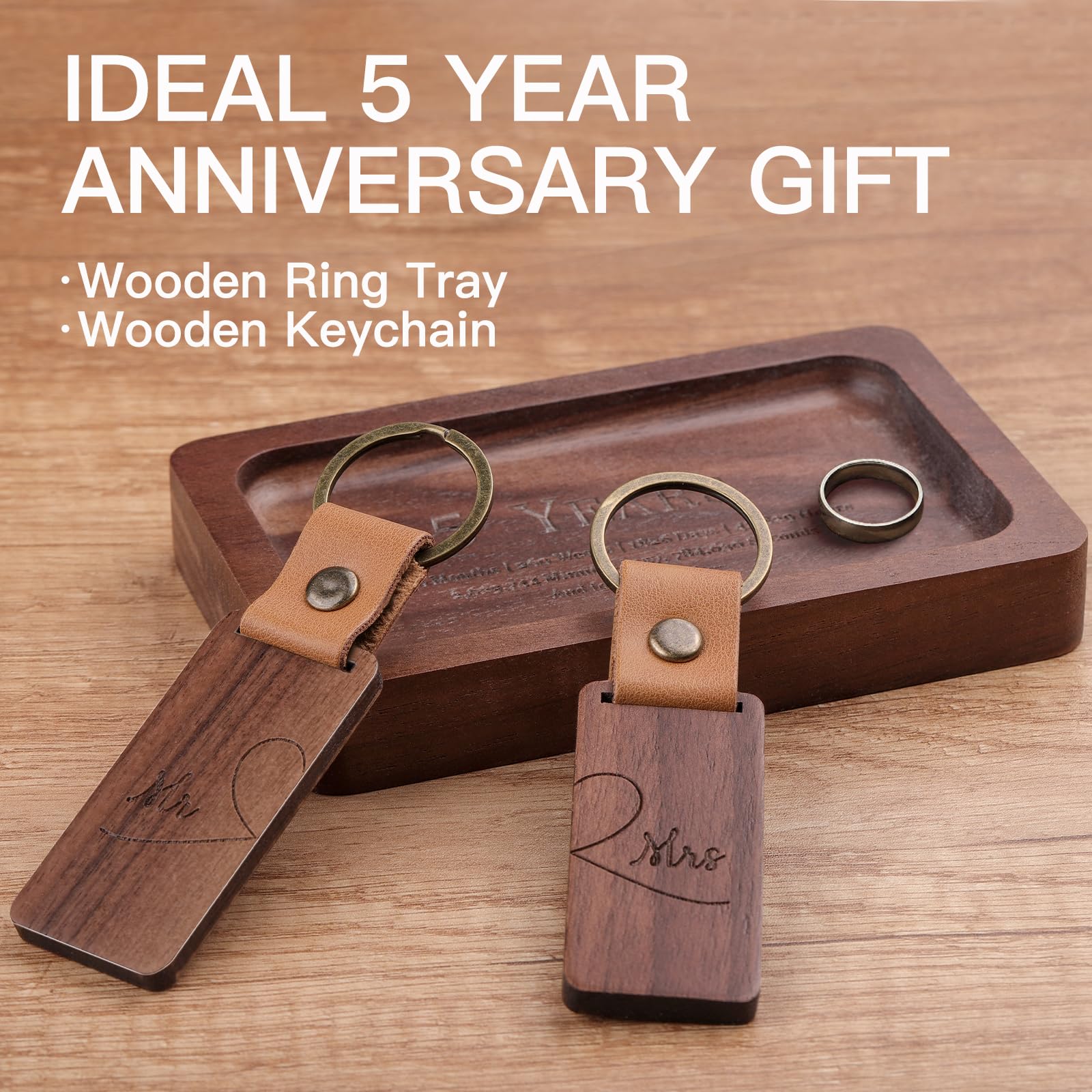 MISTOD Wood Ring Dish & Keychain- Engraved Rectangle Ring Tray Small Jewelry Dish, 5th Marriage Anniv Gifts Set | 5 Year Wedding Anniv Valentine's - WoodArtSupply