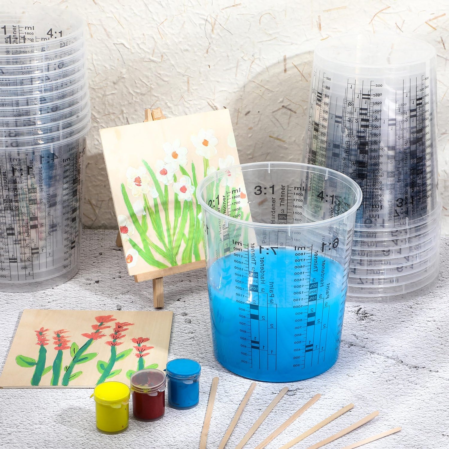 24 Pcs 64 oz 1800 ml Paint Measuring Cups Mixing Cups with Graduated and 20 Pcs Paint Mixing Sticks Plastic Disposable Resin Automotive Epoxy Mixing Roshtia