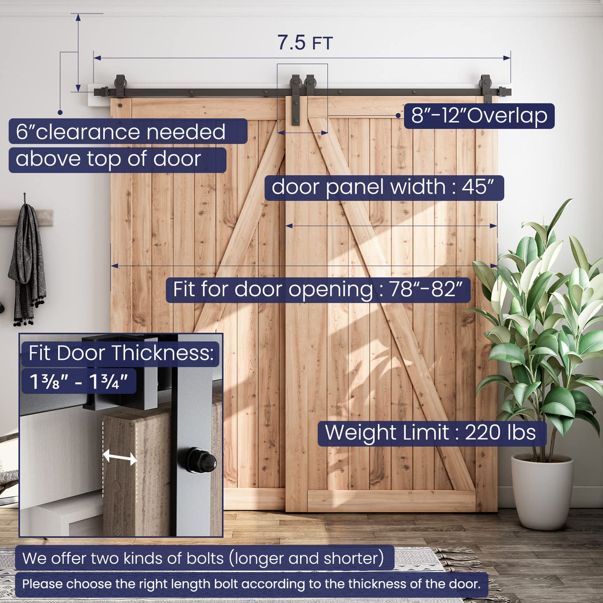 SMARTSTANDARD 7.5 Feet Bypass Sliding Barn Door Hardware Kit - for Double Wooden Doors-Single Track - Smoothly & Quietly - Easy to Install-Fit 78" SMARTSTANDARD
