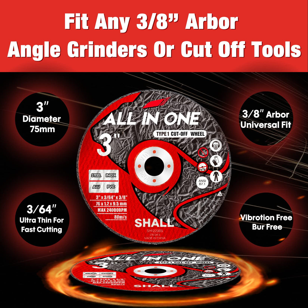 SHALL 25-Pack Cut Off Wheels 3” x 3/8” x 3/64” - Ultra Thin Cutting Wheel with Pouch for Angle Grinder & Cut-Off Tools - Fast Cutting Disc for INOX, SHALL