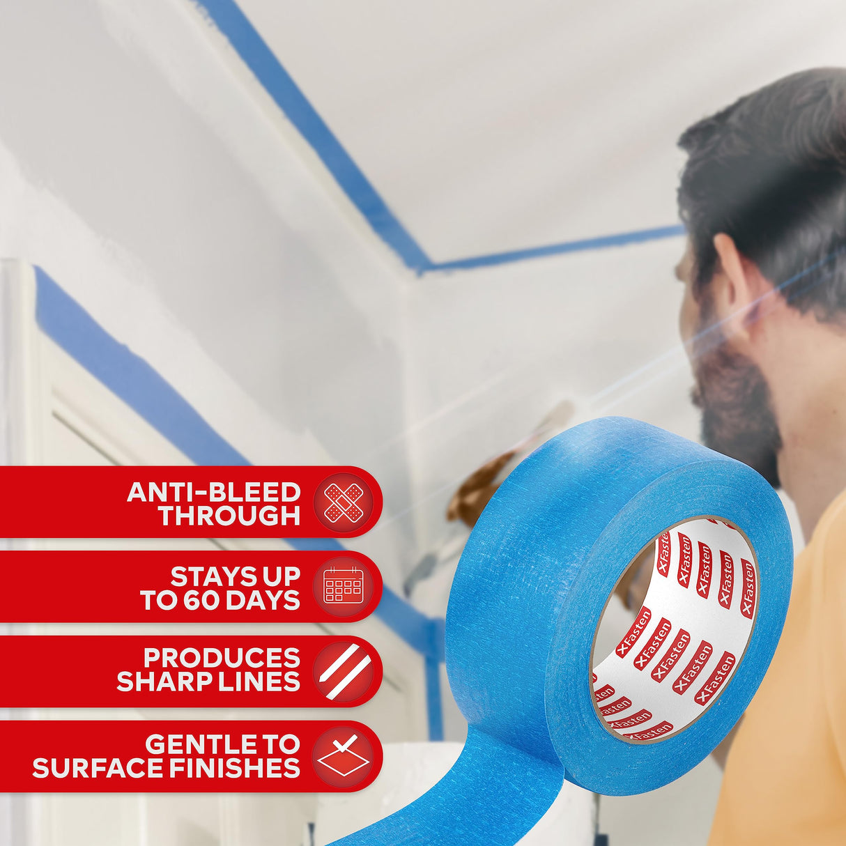 XFasten Professional Blue Painters Tape 2 Inch x 60 Yards (3-Pack) Bulk Blue Masking Tape for Painting Walls | Residue-Free XFasten