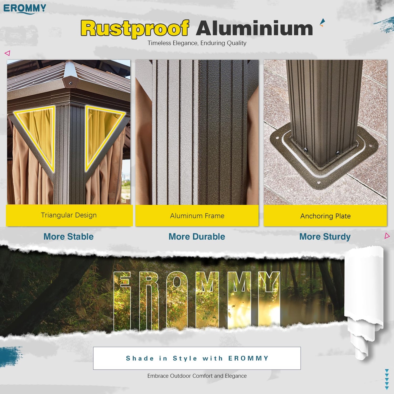 EROMMY 12'x20' Hardtop Gazebo, Galvanized Steel Metal Double Roof Aluminum Gazebo with Curtain and Netting, Brown Permanent Pavilion Gazebo with EROMMY