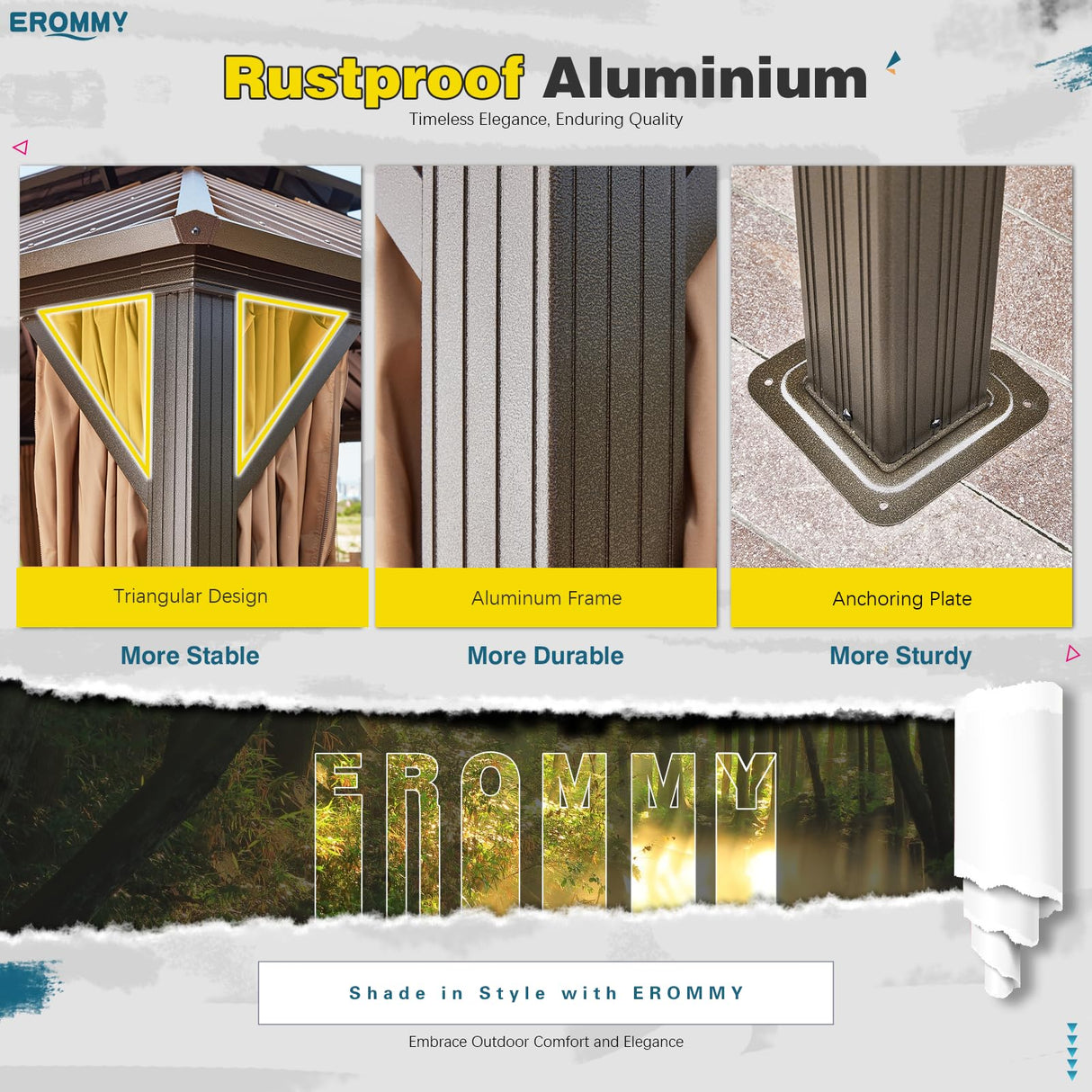 EROMMY 12'x20' Hardtop Gazebo, Galvanized Steel Metal Double Roof Aluminum Gazebo with Curtain and Netting, Brown Permanent Pavilion Gazebo with EROMMY