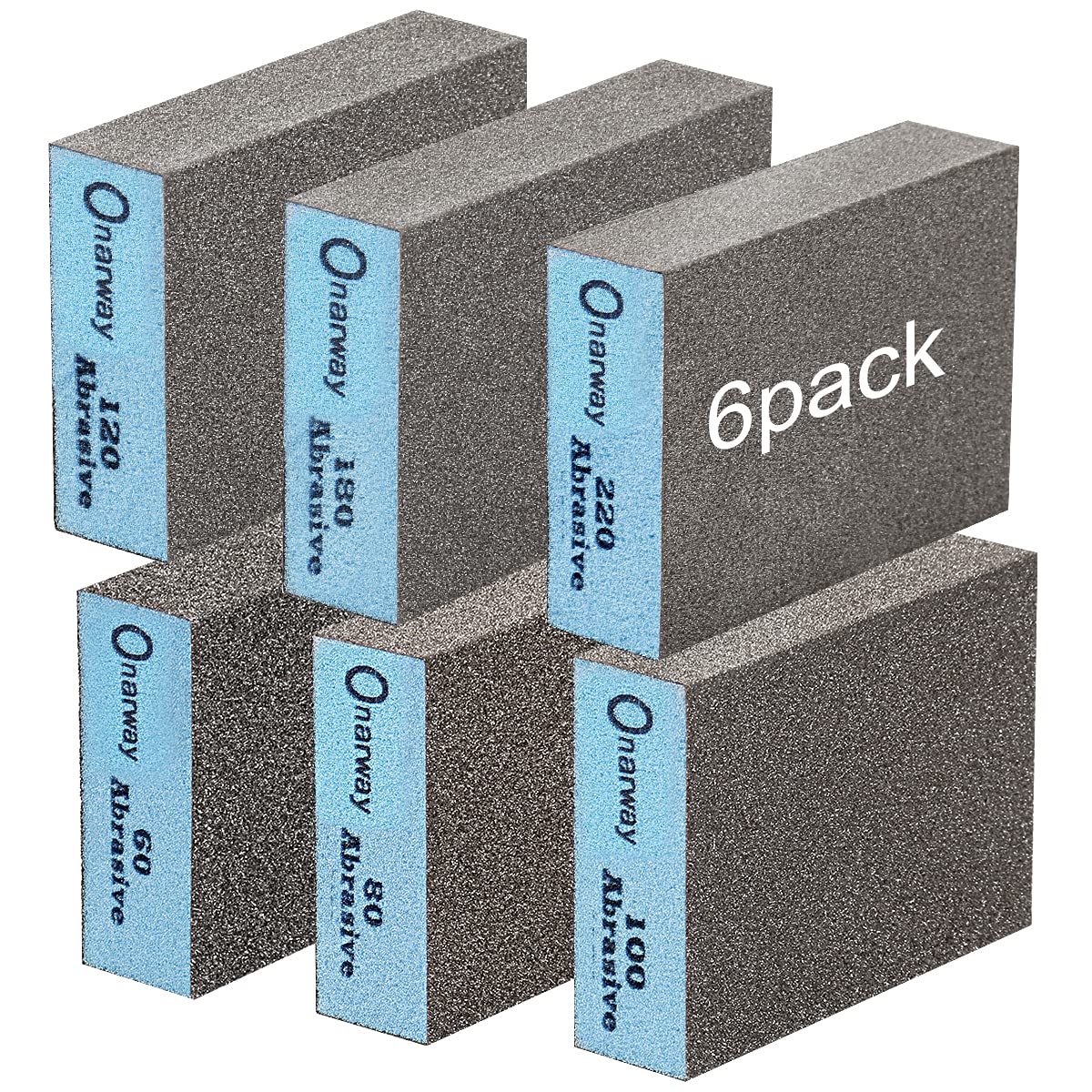 Onarway Sanding Blocks 6 Pack Wet and Dry Dual-use Sanding Sponges, Coarse and Fine - 60/80/100/120/180/220 Grits 6 Different Specifications, Onarway