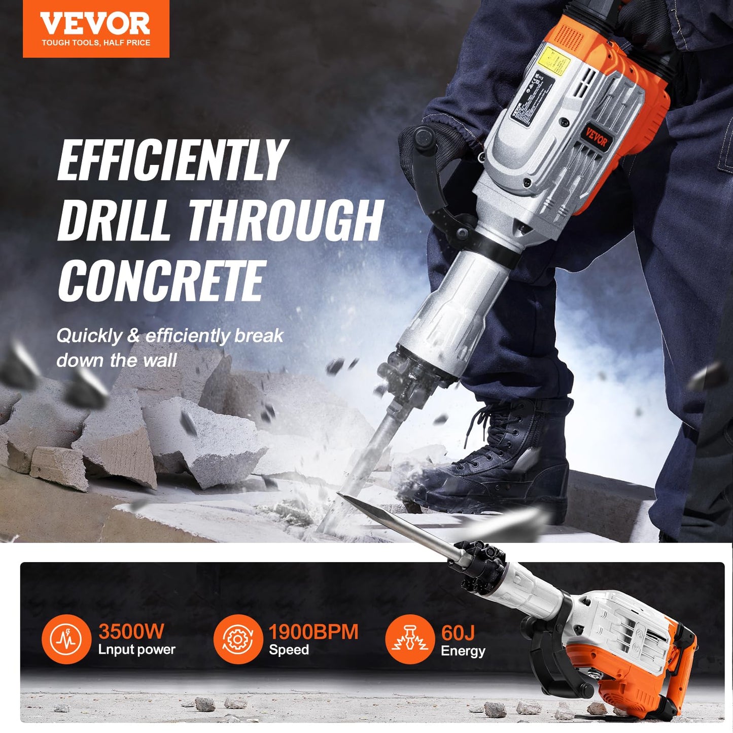 VEVOR Demolition Jack Hammer, MAX 3500W Jack Hammer Concrete Breaker, 1900 BPM Heavy Duty Electric Jack Hammer, 2pcs Chisel with Gloves & 360°C - WoodArtSupply