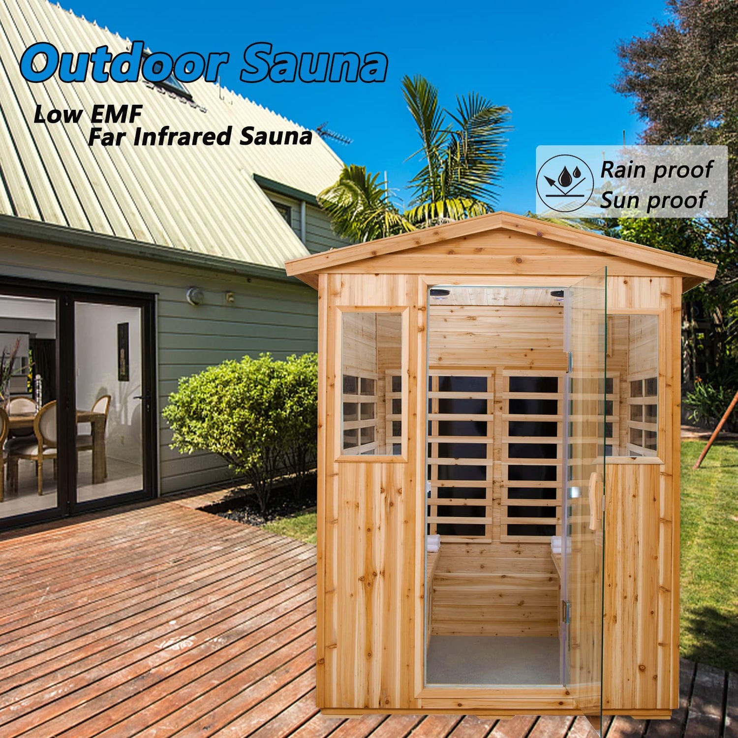 Kanlanth Far Infrared Sauna Low EMF Wooden Sauna for Home, 4 Person Outdoor Sauna Room, 2,050watt, Canadian Hemlock, Indoor Home Sauna with Kanlanth
