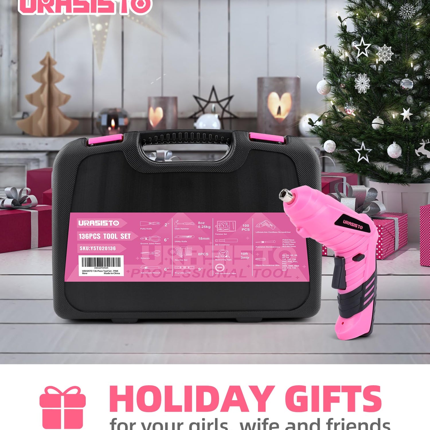 URASISTO Pink Household Tool Set with Drill, 136 PCS Home Tool Kit with 3.6V Cordless Lithium-ion Drill Driver, Hand Tool Kits for Women URASISTO