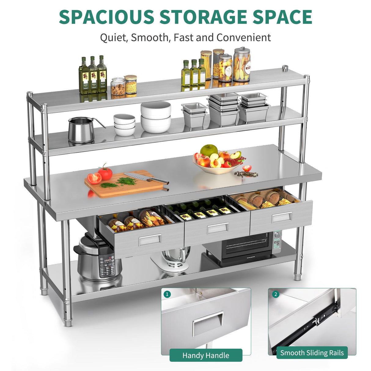 YITAHOME 72" X 24" Stainless Steel Table with Overshelves & Drawers, Work Table with 72" X 12" Shelf & 3 Drawers, Metal Table Prep Table for Home YITAHOME