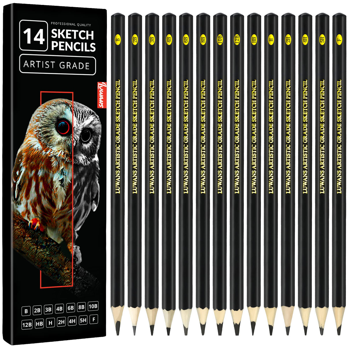 Drawing Pencils Set of 14 (B - 12B) Sketching Pencils for Drawing, Shading & Doodling | Professional Sketch Pencils Graphite Grades for Artists & Luwans