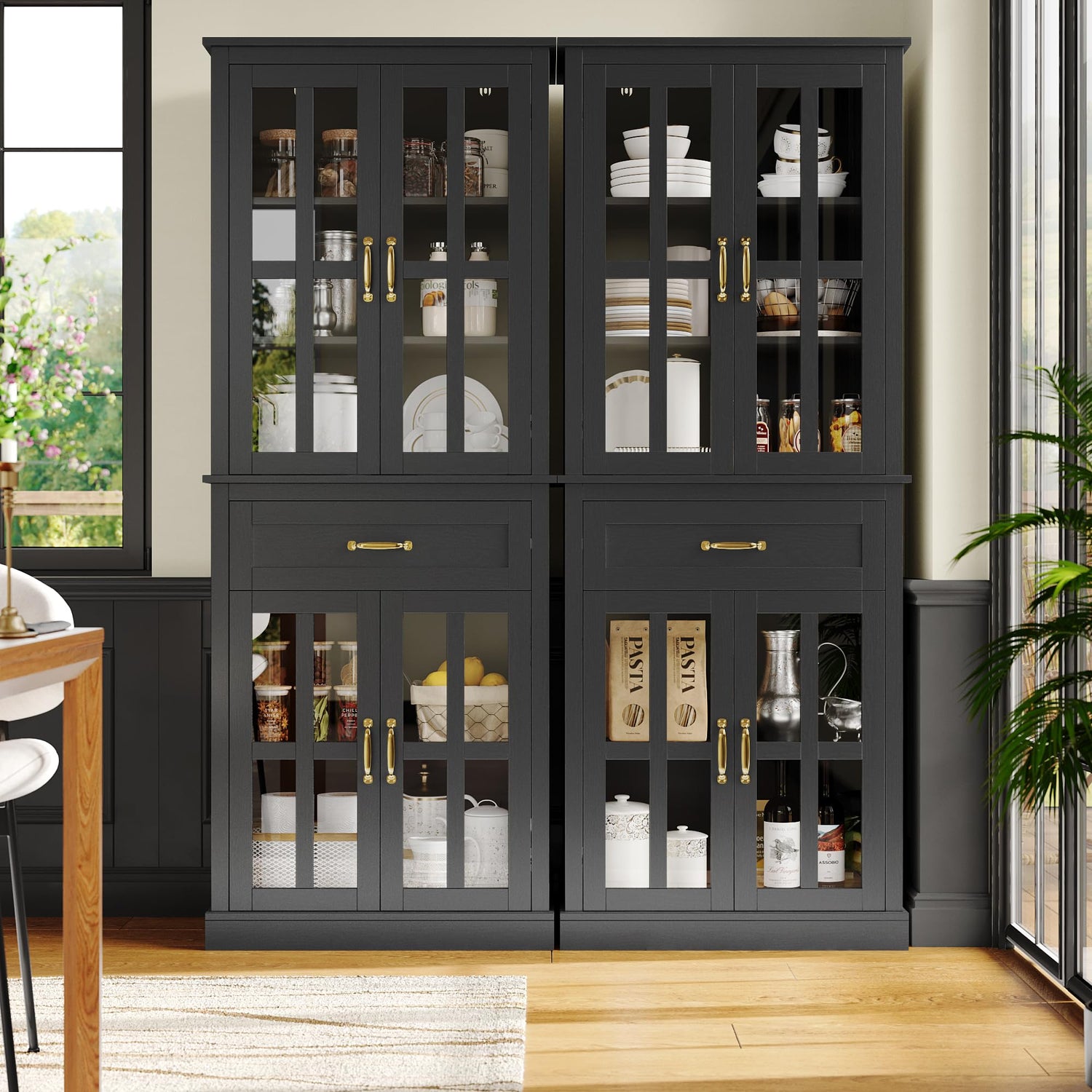 FOTOSOK 71'' Kitchen Pantry Cabinet, Tall Kitchen Cabinet Pantry Cabinet with Glass Doors and Drawer, Freestanding Food Pantry Kitchen Hunch with FOTOSOK