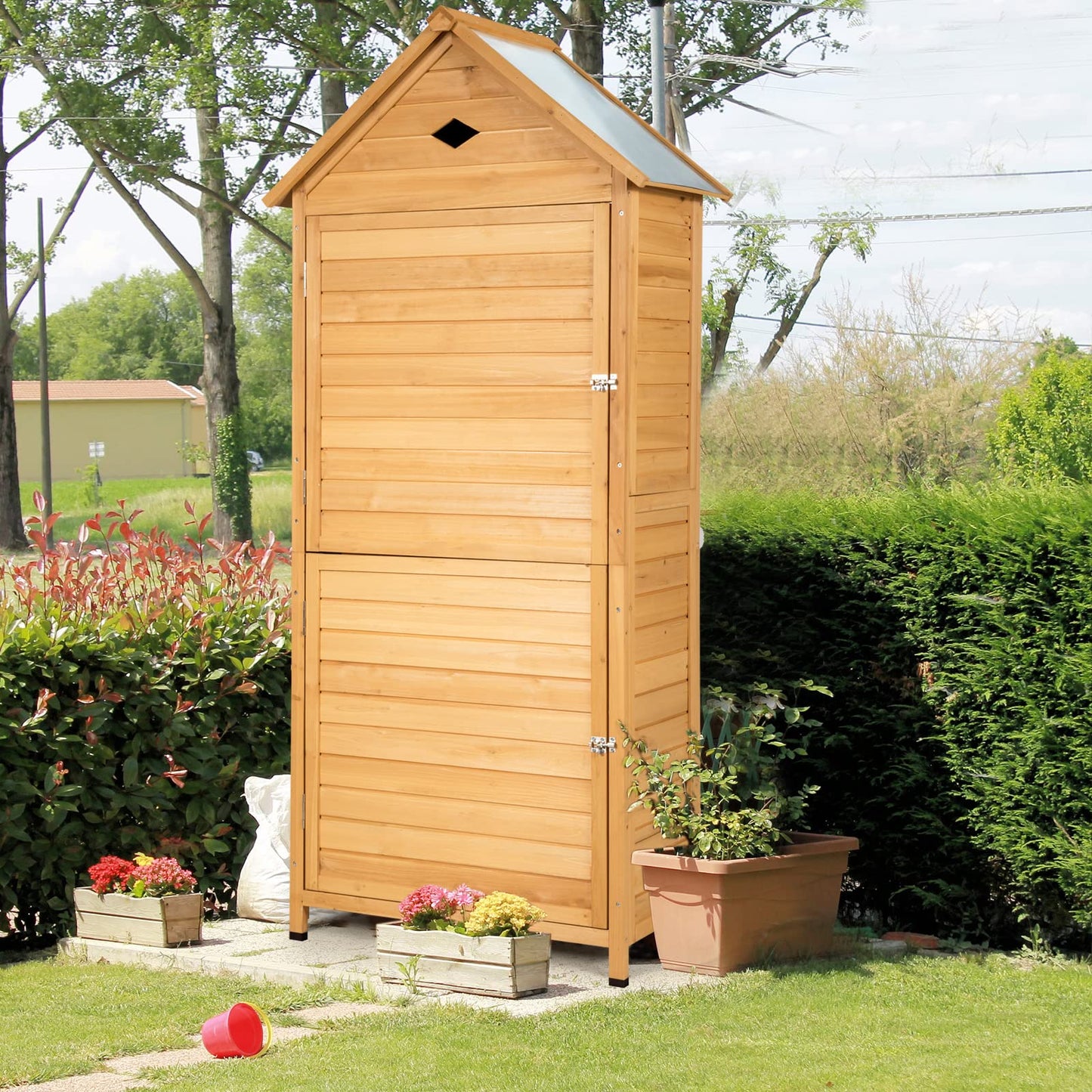 Goplus Wooden Storage Shed, Outdoor Storage Cabinet with 4 Shelves and Pitched Galvanized Sheet Roof, Lockable Garden Shed, Outside Tool Shed for - WoodArtSupply