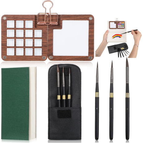 Glenmal 7 Pcs Portable Watercolor Palette with Clip Mini Watercolor Paper Sketchbook Travel Watercolor Brushes Set Wooden Color Palette Box 3 Round Glenmal
