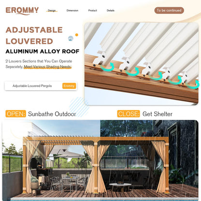 EROMMY Louvered Pergola 10' x 20' Outdoor Hard Top Gazebo with Wooden Grain Aluminum Frame and Adjustable Metal Rainproof Roof for Garden & Patio, - WoodArtSupply