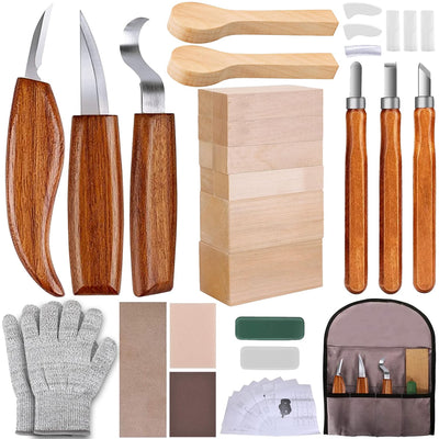28-in-1Wood Carving Kit with Basswood Carving Blocks, Wood Carving Tools includes 3 Wood Carving Knives, 3 Detail Wood Carving Knife and 8 Wood