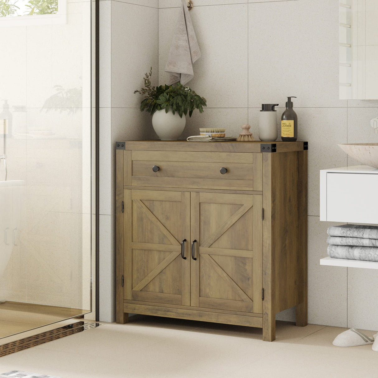 HOSTACK Coffee Bar Cabinet, Modern Farmhouse Buffet Sideboard with Drawer and Adjustable Shelf, Barn Door Storage Cabinet for Kitchen, Dining Room, HOSTACK