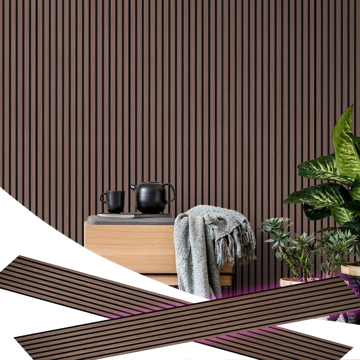 E-HAO 2 Piece Wood Slat Acoustic Panels for Stylish Decor and Noise Reduction, 3D Textured Panel for Ceiling and Wall - JK Walnut (94.5 L x 12.6 W E-HAO